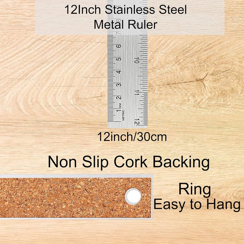 Boompark Stainless Steel Metal Ruler:[10 Pieces 12 Inch] Stainless Steel Metal Ruler with Cork Backing Non-Slip Rulers with Inch and Centimeters Metal Ruler Drafting Office Tools Prevent Ink Leakage - Image 2